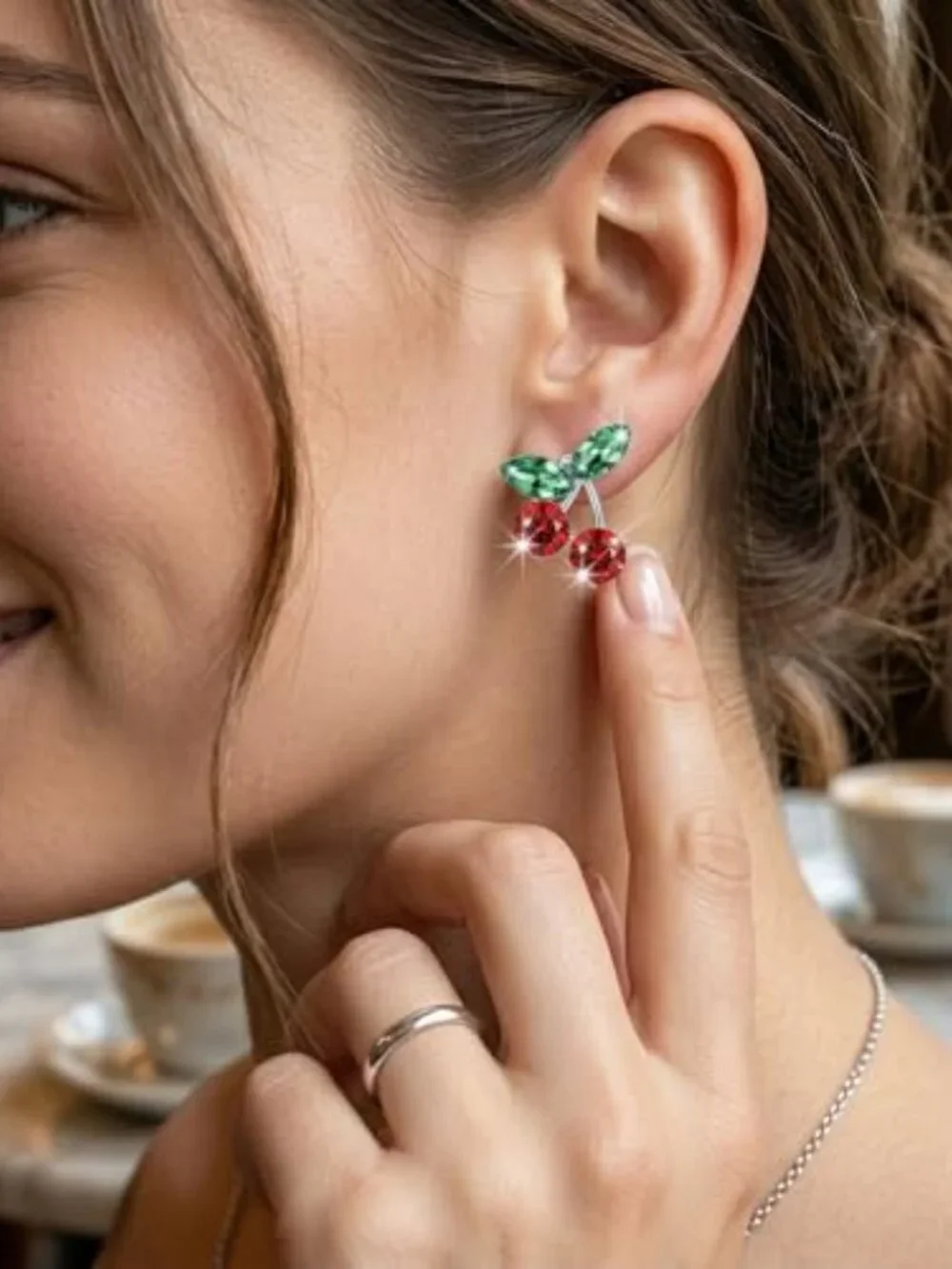 Cute Cherry Ears for Women Trendy Rhione Red Cherry Green Leaves Stud